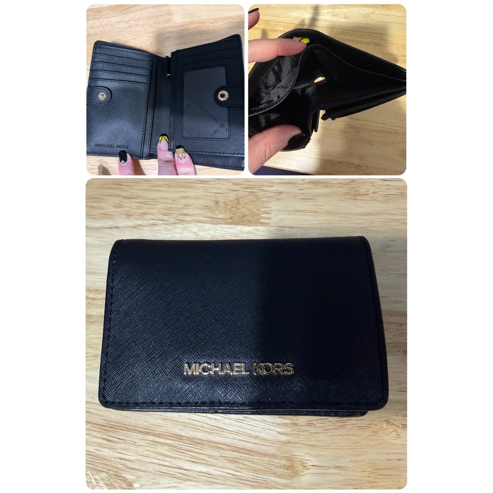 Michael Kors Jet Set Small Bifold Wallet Black Saffiano Leather Gold Hardware